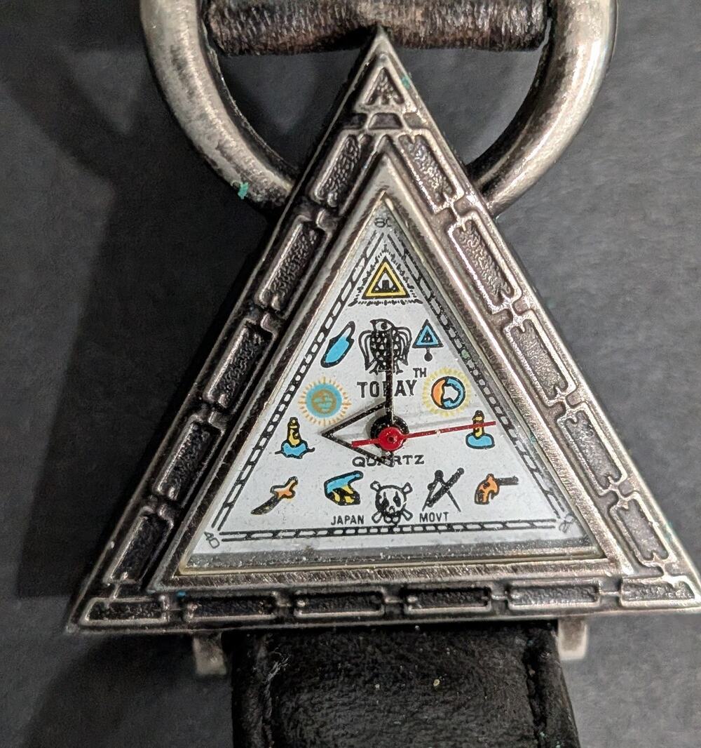 Vintage TODAY Triangle Watch Masonic Style Symbols Skull Gun Eagle Quartz
